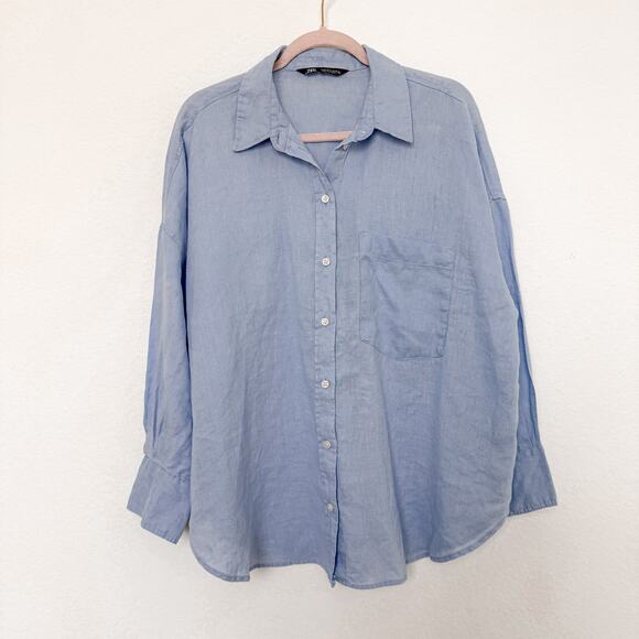 Zara Womens Shirt‎ Size XL Blue Long Sleeve Linen Button Down - Picture 1 of 5